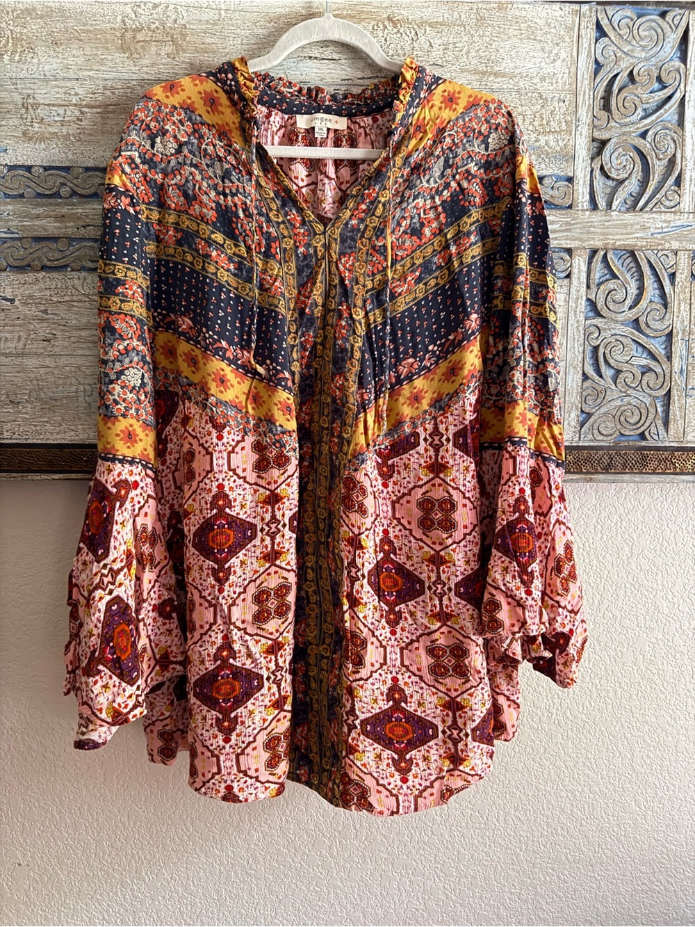 Boho Patchwork Floral Kimono Blouse in Pink, Mustard & Navy
